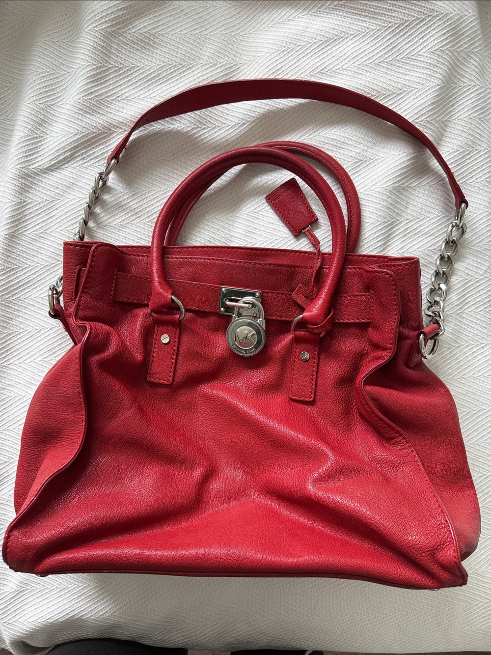 Michael Kors Hamilton Large Red Leather Tote with Chain-Accent Strap